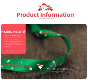 Close-up of green grosgrain Christmas ribbon with red Merry Christmas text and patterns