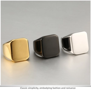 Polished titanium steel square signet rings in gold, black, and silver finishes