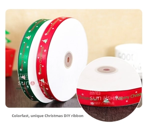 Close-up of red and green Merry Christmas satin ribbons with festive patterns