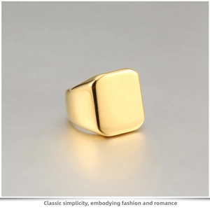 Polished gold square signet ring detail with high mirror finish on minimalist band