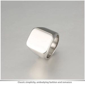Macro shot of polished silver square signet ring in titanium steel with mirror finish