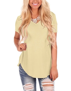 Damen Strick-T-Shirt mit V-Ausschnitt in Hellgelb und einem abgerundeten Saum