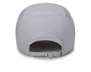Detail of light grey mesh cap back view with adjustable metal buckle and strap