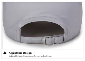 Detail of light grey baseball cap featuring an adjustable metal buckle and strap