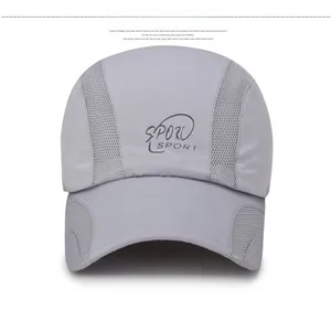 Front view of light grey quick-dry sports cap with breathable side mesh panels and logo