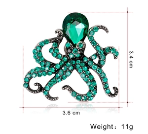 Detailed view of emerald crystal octopus brooch measuring 3.6cm by 3.4cm weighing 11g