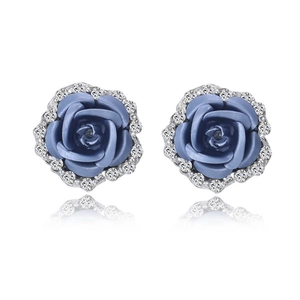 Elegant rose stud earrings with matte blue flowers and sparkling crystal accents