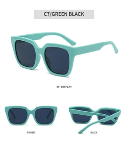 Detailed views of wide mint green square sunglasses with thick frames and black lenses