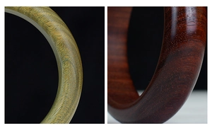 Vista macro de pulseras de sándalo con vetas naturales en color verde y marrón rojizo