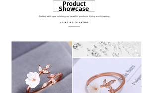 Macro detail of rose gold flower ring with shell petals and sparkling rhinestone leaves