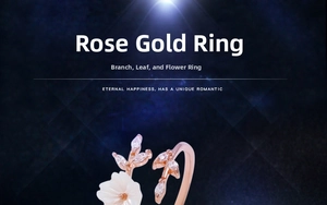 Detailed close-up of rose gold flower ring with leaf motifs and white zircon inlay