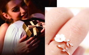 Close-up of rose gold flower and leaf open ring with cubic zirconia in a romantic gift setting