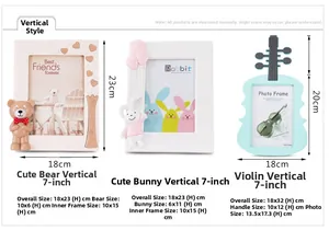 Detailed view of creative 7-inch cartoon bear and rabbit photo frames with dimensions