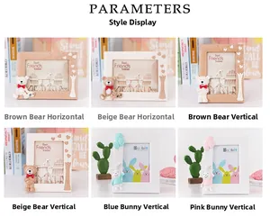 Detail view of cartoon 3D bear and rabbit photo frames in multiple pastel colors