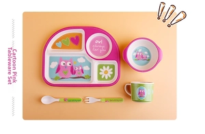 Detailed top view of 5-piece pink owl cartoon bamboo fiber tableware set for kids