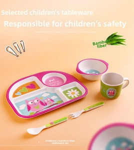 Close-up of bamboo fiber kids dinnerware set featuring a cute cartoon owl design
