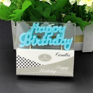 Blue Happy Birthday letter candle with wooden sticks in retail packaging for cake decor