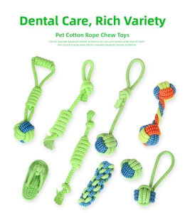 Detail view of 9 multi-colored durable cotton rope dog toys for dental cleaning