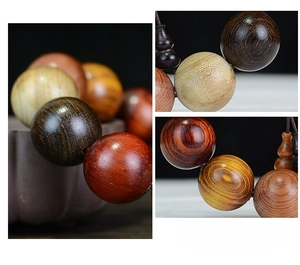 Macro detail of multi-color redwood Buddhist beads with natural grain and smooth finish