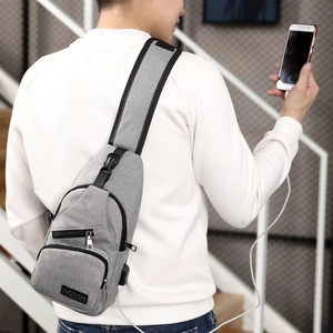 Gray nylon chest bag for men with USB charging port and multi-layer zipper pockets