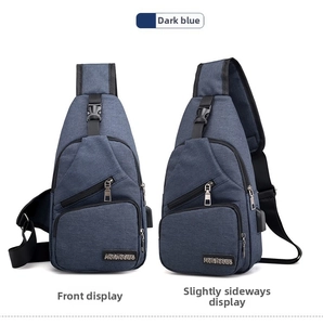 Detail view of navy blue nylon chest bag with multiple zippers and external USB charging port