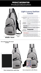 Detailed view of grey oxford chest bag featuring a USB port and size comparison with devices