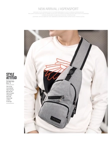 Detail of grey nylon crossbody bag featuring USB charging port and multi-layer zippers