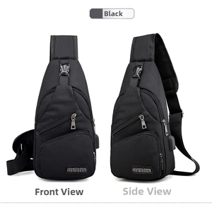 Detail of black crossbody chest bag with USB charging port and functional dual zippers