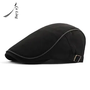 Classic black cotton newsboy cap for men featuring adjustable metal buckle and breathable fabric