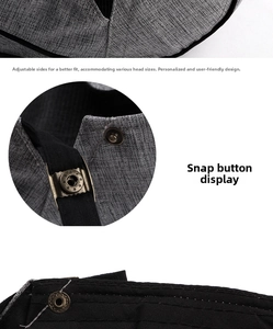Detail view of the side adjustable metal snap buttons on this grey cotton beret hat