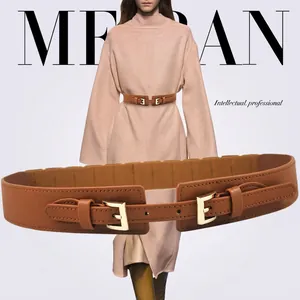 Elegant wide brown leather waist belt with double buckle design for women coats