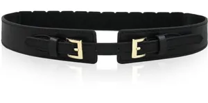 Detail of elegant black waist belt with gold double square buckles and fine stitching