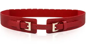 Detail view of red faux leather corset belt with gold rectangular double buckle closures
