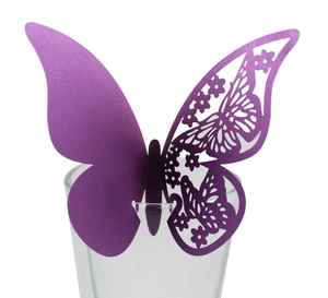 Purple hollow-out 3D butterfly paper card for wedding party glass decoration