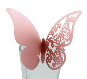 3D hollow pink butterfly paper card for glass rim decoration at weddings and parties