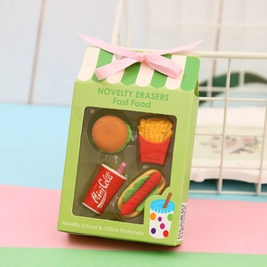 Detailed view of novelty fast food erasers set featuring burger and fries in gift box