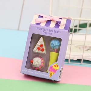 Novelty dessert-themed eraser set featuring cake and ice cream shapes in a purple gift box