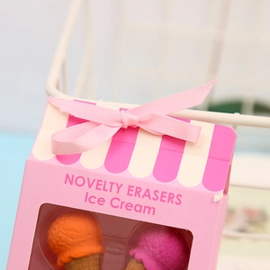 Close-up of novelty ice cream erasers in pink window box with ribbon bow and clear display