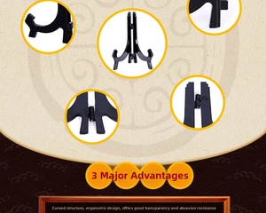 Detail view of foldable black display stand with sturdy mechanical keel for plates