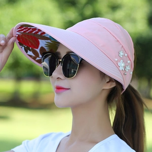 Pink foldable sun hat with floral brim, 3D white flowers and pearl accents for sun protection