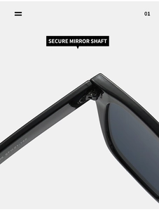 Detail view of durable metal hinge on stylish square sunglasses with size specifications