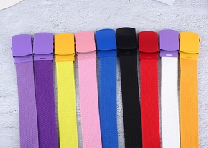 Vertical display of colorful nylon canvas belts with matching matte buckles in multiple hues