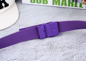 Detail of purple nylon canvas belt with matching matte painted metal buckle mechanism