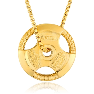 Gold barbell weight plate necklace in stainless steel with engraved religious scripture