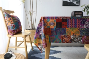 Bohemian patchwork cotton linen tablecloth with ethnic patterns in a natural light setting