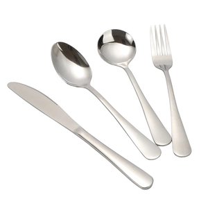 Polished silver stainless steel cutlery set with knife fork and spoons on white background