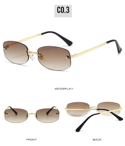 Multi-angle view of Y2K rimless sunglasses with brown gradient lenses and gold metal frame