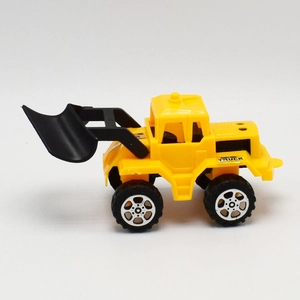 Detail view of the movable black bucket and silver wheels on yellow toy loader truck