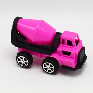Detail of pink and black toy concrete mixer truck with realistic construction wheels