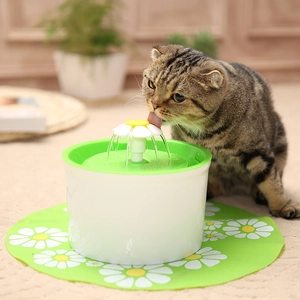 Cat water fountain with daisy nozzle and green silicone mat shown with a tabby cat drinking